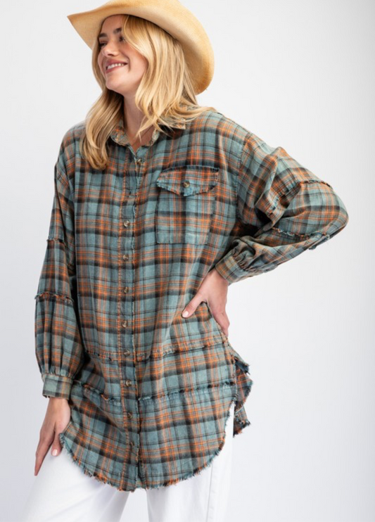 Mineral wash plaid shirt (teal/brown)