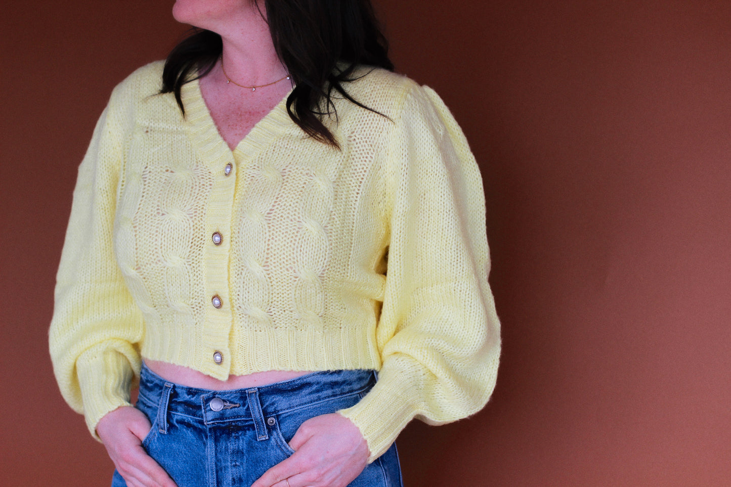 yellow crop cardigan